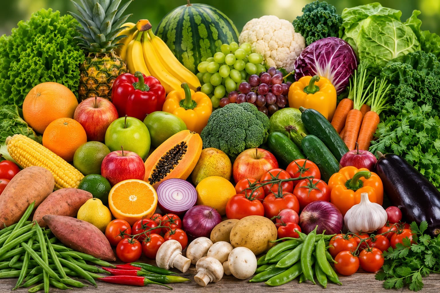 Crates of fresh fruits, vegetables and organic produce including peppers, tomatoes, carrots and greens